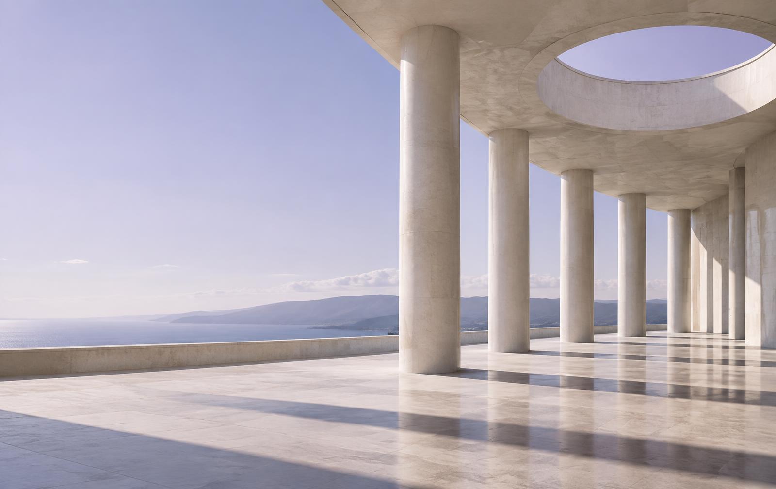 Sunlit stone architecture with an open view toward the horizon